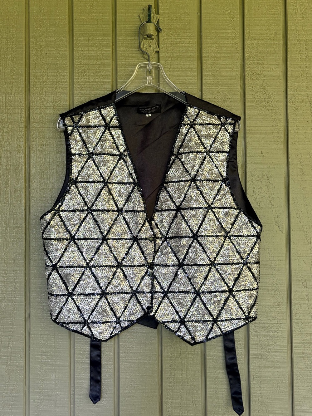 VTG 90s Sequin City Mosaic Triangle Silver Beaded Snap Vest Women's Size Large